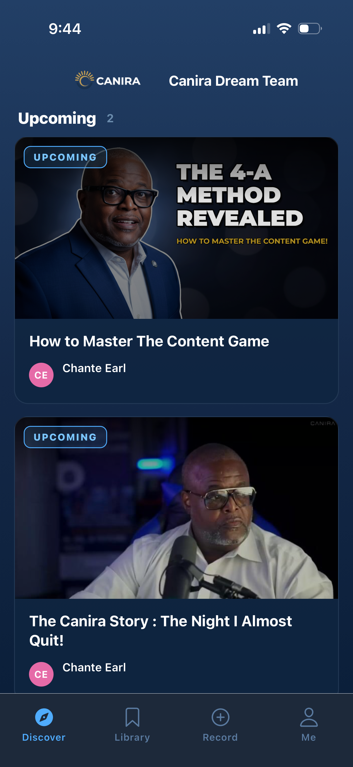 Canira app — Discover feed of upcoming webinars