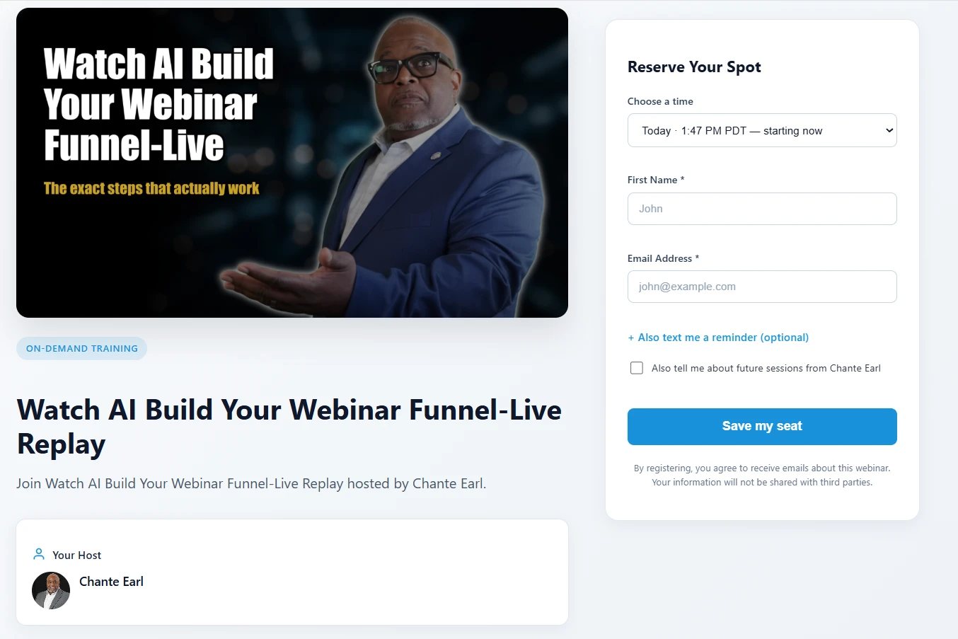 An automated session's sign-up page: choose a time (including one starting now), name and email