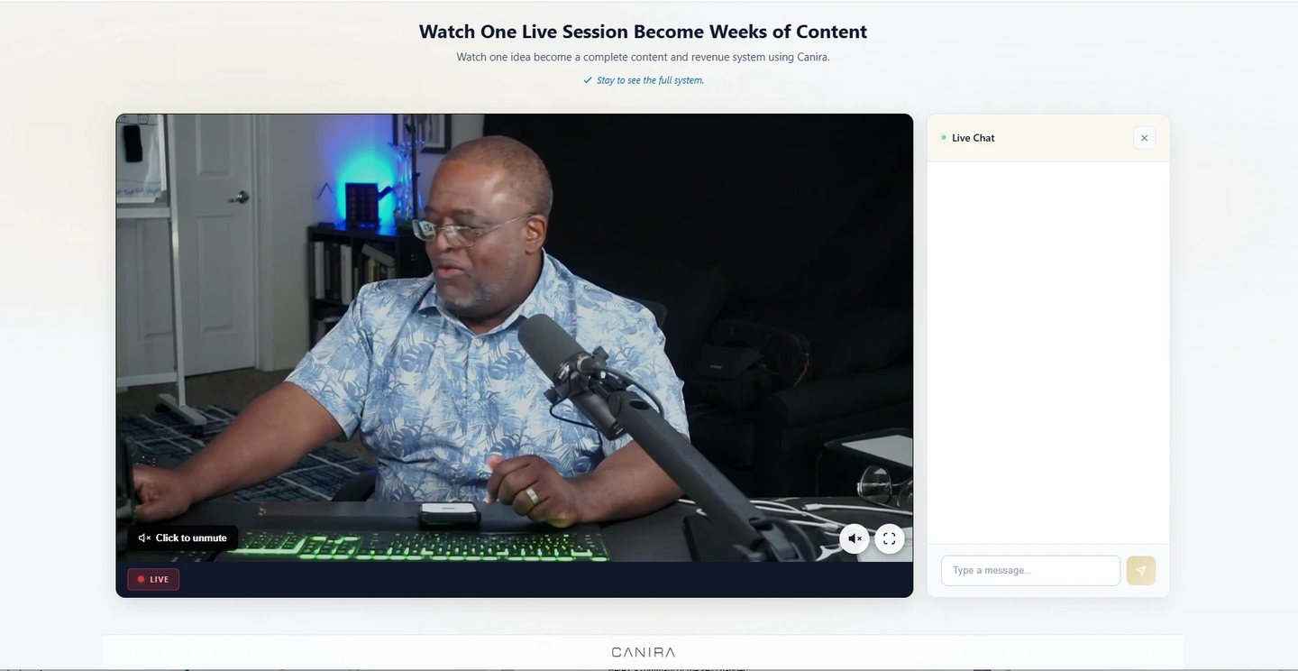 Canira automated webinar playing on its watch page, with live chat beside it