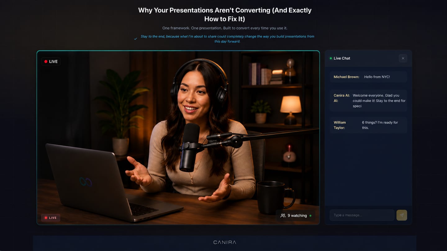 Canira automated webinar — looks live with viewer count and AI live chat