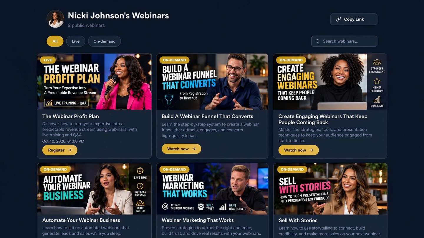 A host's public Canira webinars page with live and on-demand sessions, each with Register or Watch now