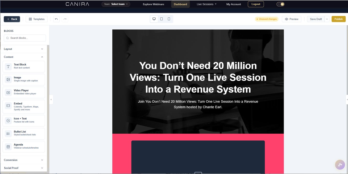 The Canira page builder: content blocks on the left, the page being edited in the middle, Preview and Publish at the top