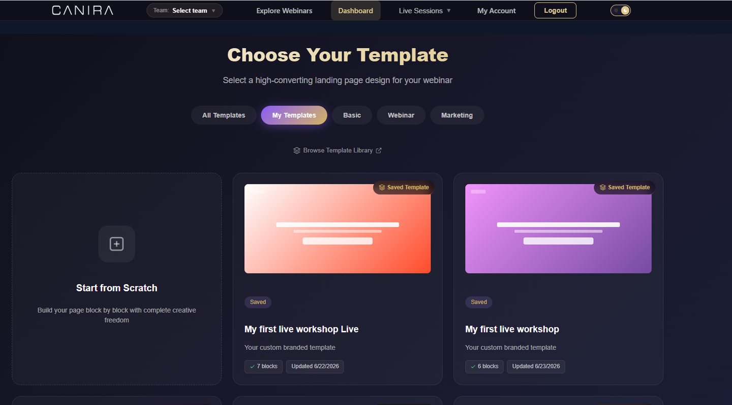 Choose Your Template: start from scratch or from a saved template