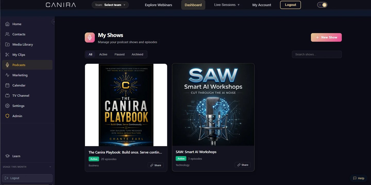 My Shows in Canira: two podcasts with their cover art and episode counts