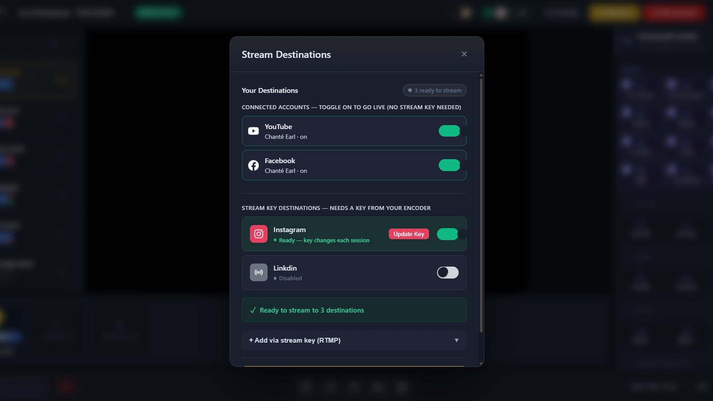 Canira studio — Stream Destinations: YouTube and Facebook connected, Instagram and LinkedIn by stream key