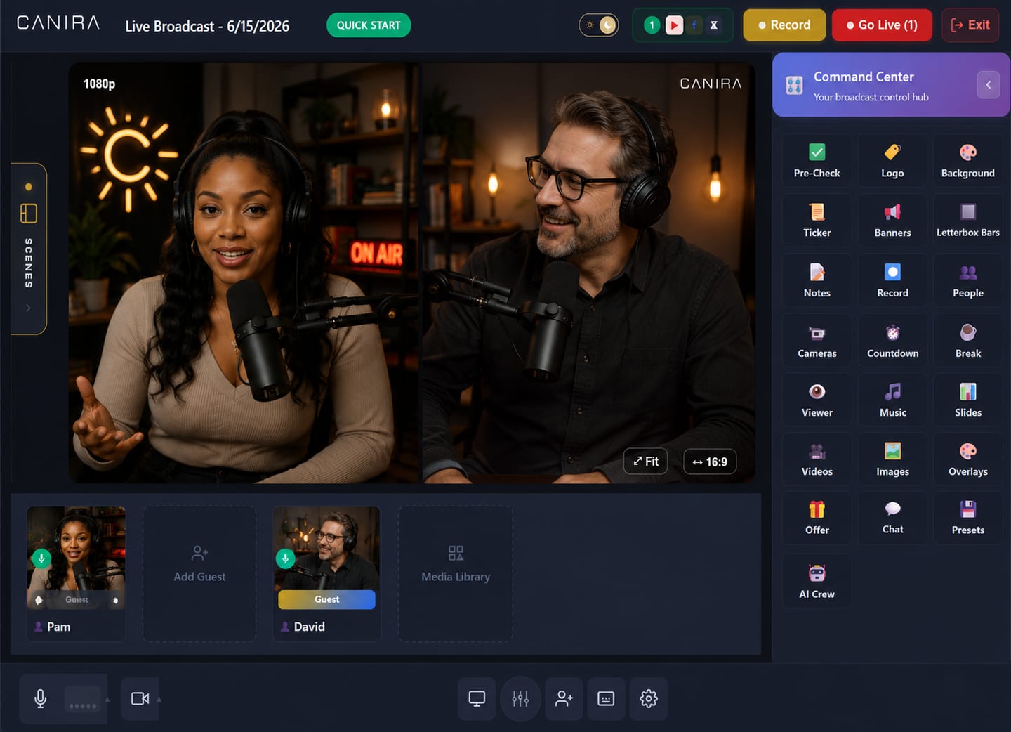 Canira studio — two-person interview layout